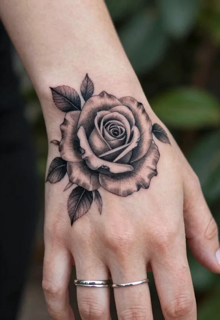16 Tattoo Rose Hand Ideas With Classic Romance - 1. Delicate Black and Grey Rose 1