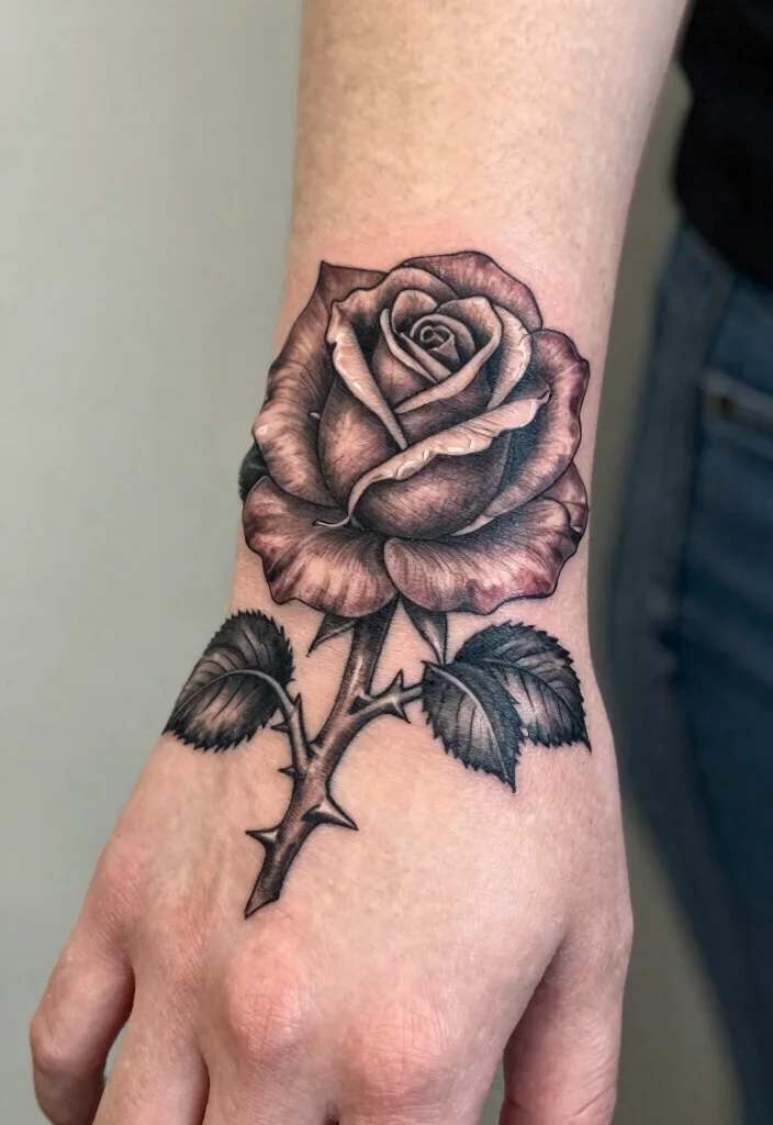 16 Tattoo Rose Hand Ideas With Classic Romance - 10. Rose with Thorns 1