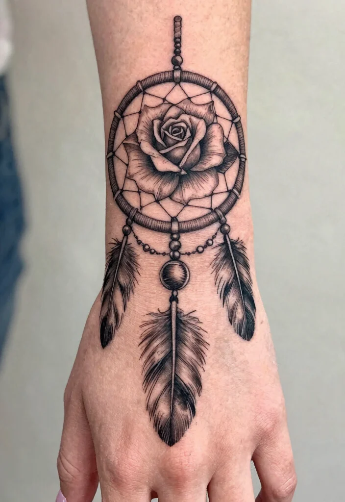 16 Tattoo Rose Hand Ideas With Classic Romance - 11. Dreamcatcher Rose 1