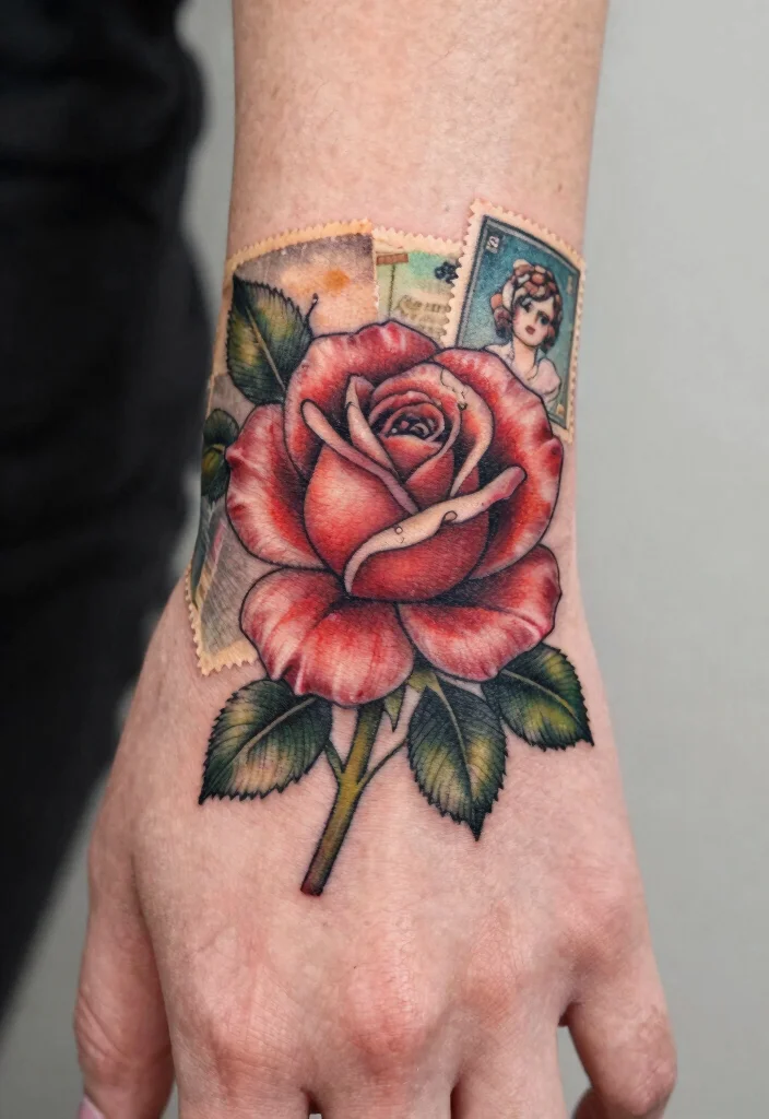 16 Tattoo Rose Hand Ideas With Classic Romance - 13. Vintage Postcard Rose 1