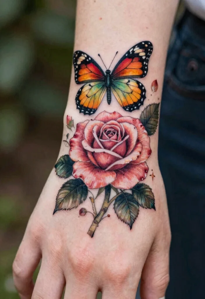 16 Tattoo Rose Hand Ideas With Classic Romance - 14. Rose and Butterfly Combo 1