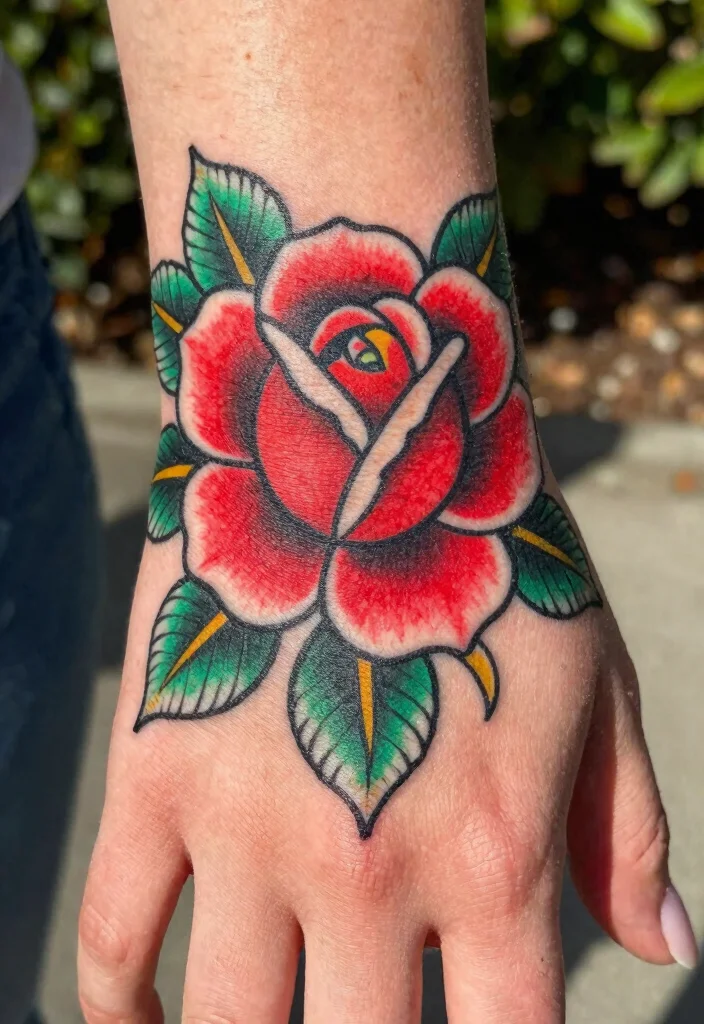 16 Tattoo Rose Hand Ideas With Classic Romance - 2. Bold Traditional Rose 1