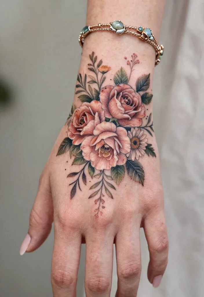16 Tattoo Rose Hand Ideas With Classic Romance - 4. Vintage Floral Bouquet 1