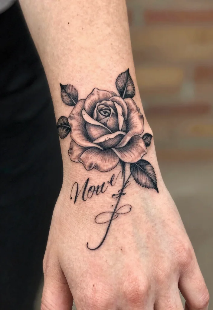 16 Tattoo Rose Hand Ideas With Classic Romance - 6. Rose with Script 1