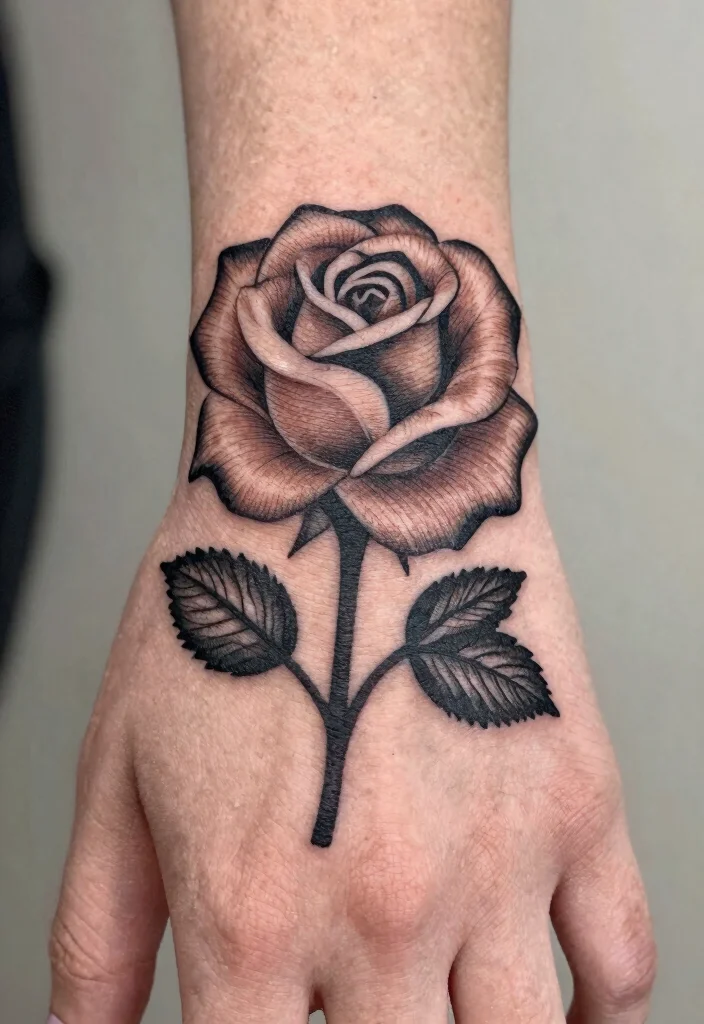 16 Tattoo Rose Hand Ideas With Classic Romance - 9. Cut-out Rose Design 1
