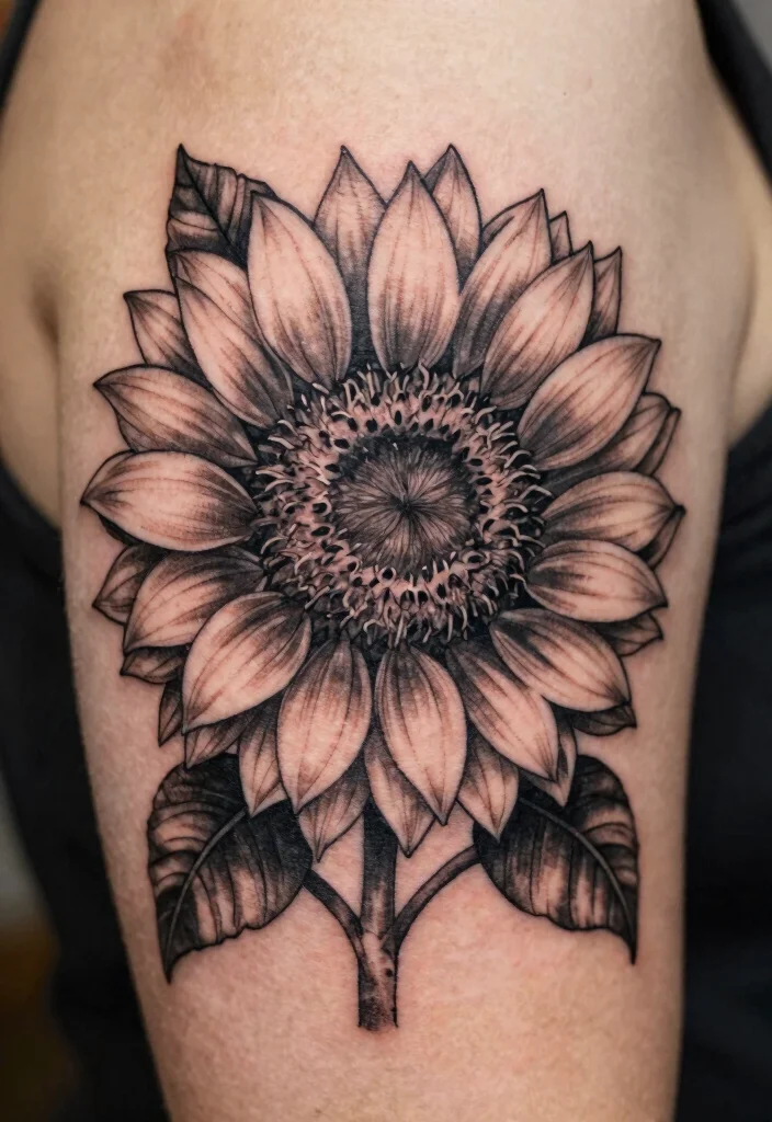 17 Black and Grey Sunflower Tattoo Ideas With Soft Contrast - 1. Lush Blooming Sunflower 1