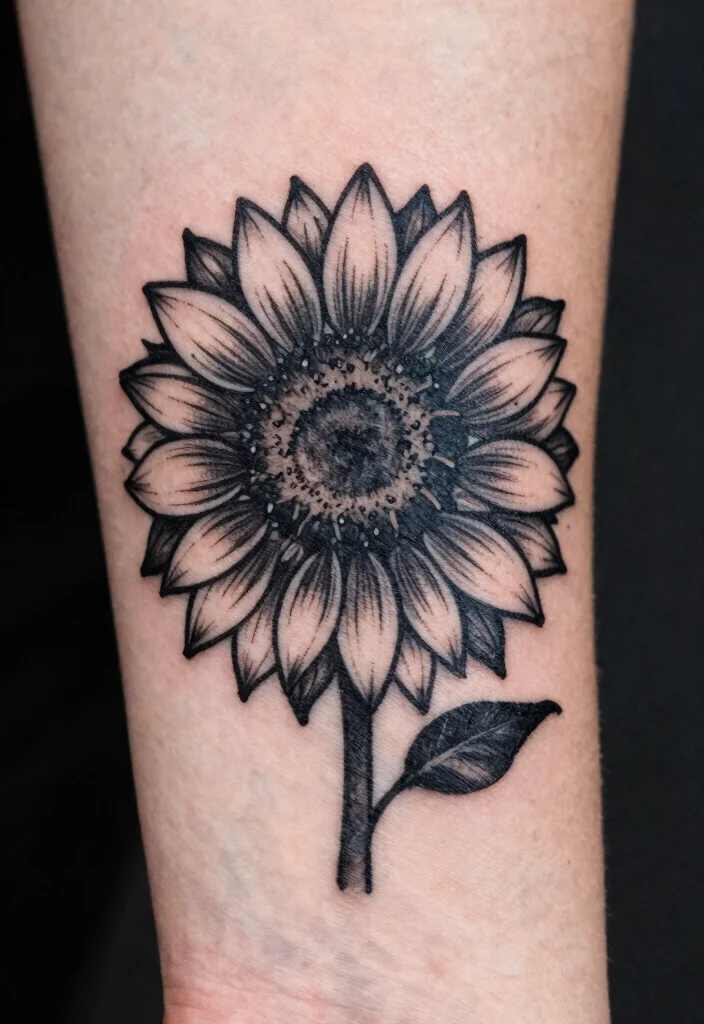17 Black and Grey Sunflower Tattoo Ideas With Soft Contrast - 10. Sunflower Silhouette 1