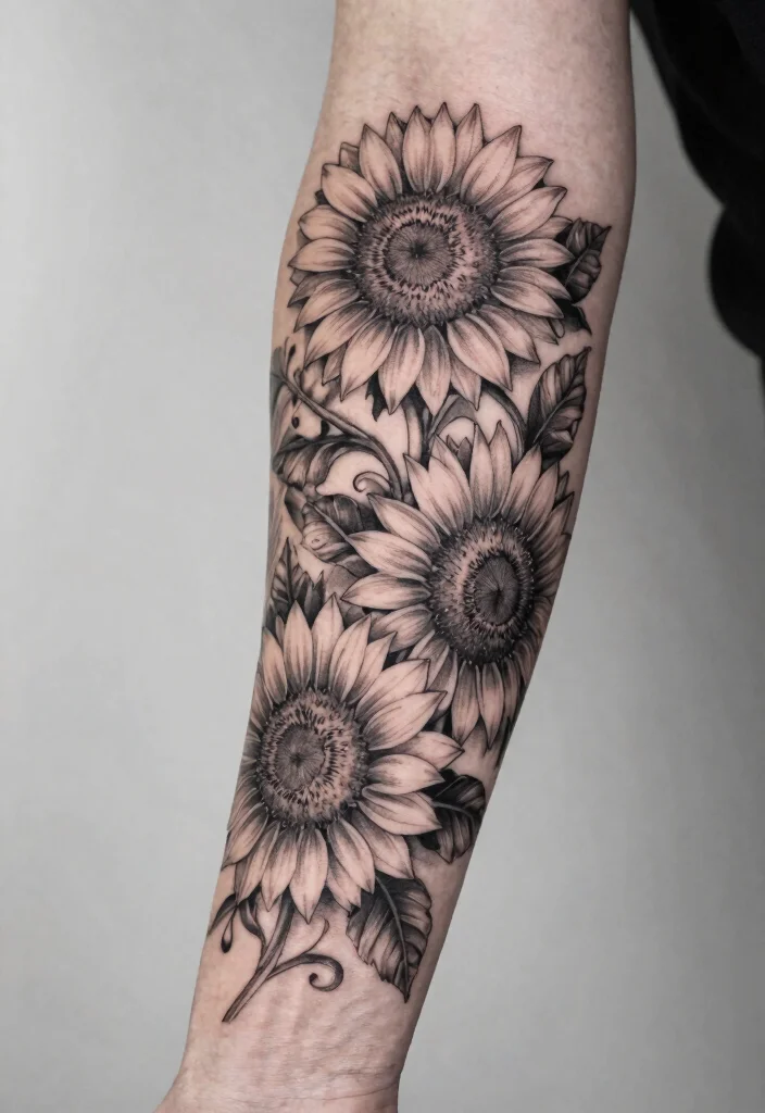 17 Black and Grey Sunflower Tattoo Ideas With Soft Contrast - 11. Sunflower Half Sleeve 1