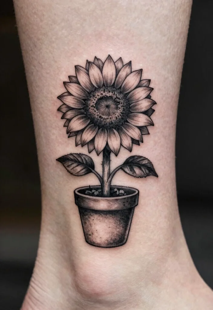 17 Black and Grey Sunflower Tattoo Ideas With Soft Contrast - 12. Sunflower in a Pot 1
