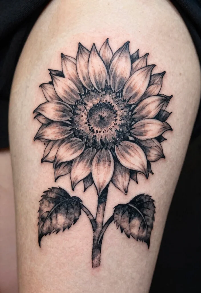 17 Black and Grey Sunflower Tattoo Ideas With Soft Contrast - 13. Watercolor Sunflower 1