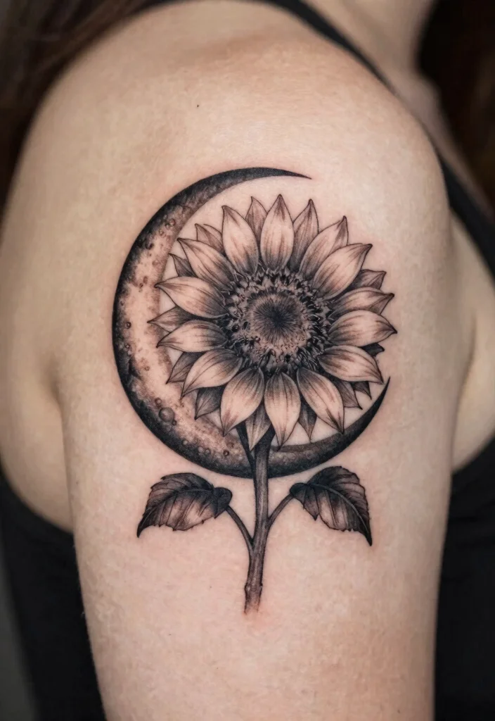 17 Black and Grey Sunflower Tattoo Ideas With Soft Contrast - 14. Sunflower and Moon 1