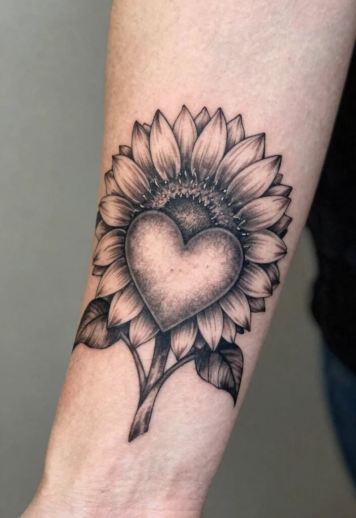 17 Black and Grey Sunflower Tattoo Ideas With Soft Contrast - 16. Sunflower with Heart 1