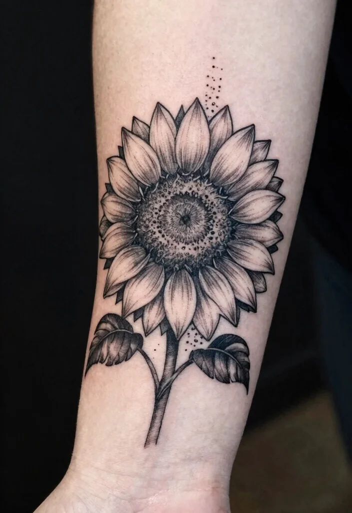17 Black and Grey Sunflower Tattoo Ideas With Soft Contrast - 17. Sunflower with Dots 1