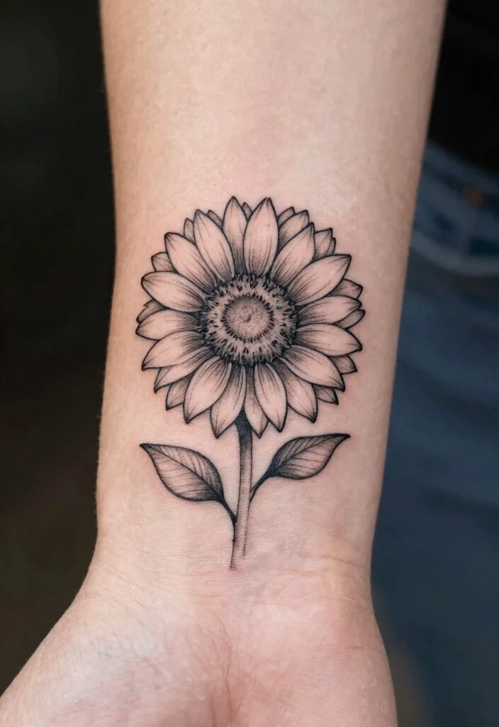 17 Black and Grey Sunflower Tattoo Ideas With Soft Contrast - 2. Elegant Minimal Outline 1