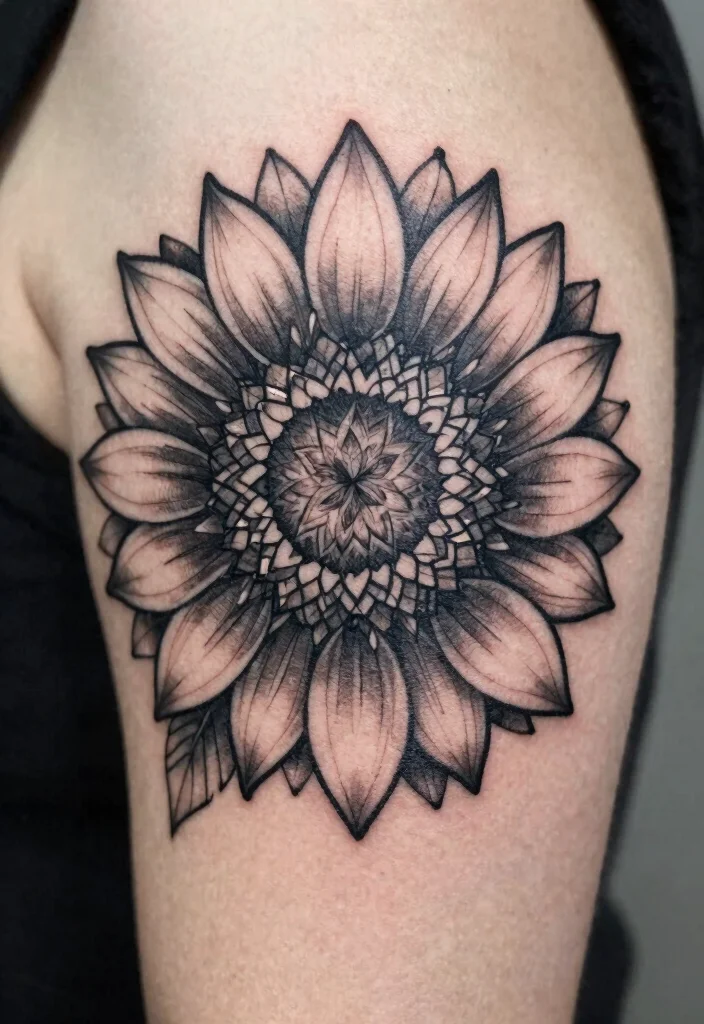 17 Black and Grey Sunflower Tattoo Ideas With Soft Contrast - 3. Geometric Sunflower Design 1