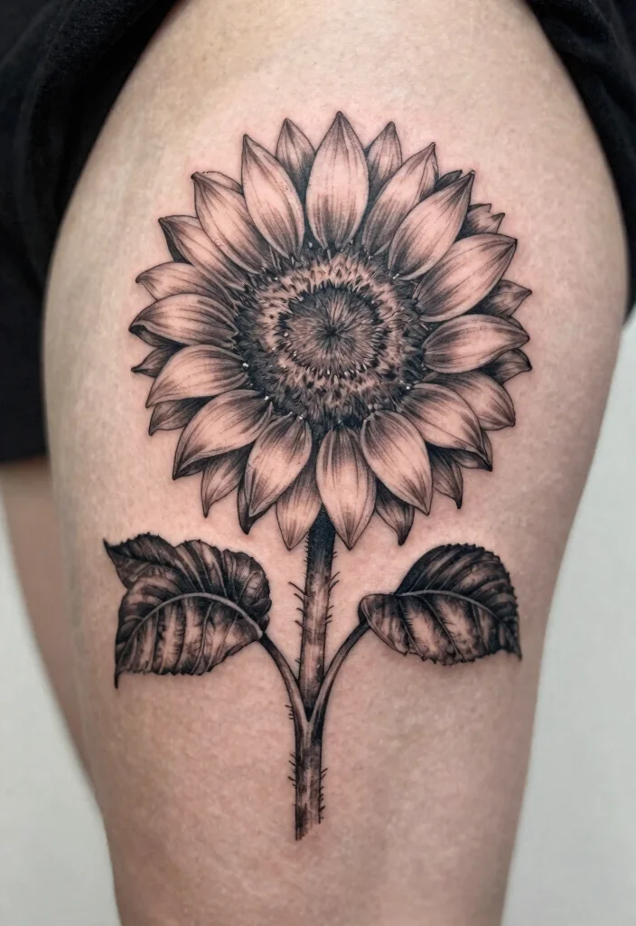 17 Black and Grey Sunflower Tattoo Ideas With Soft Contrast - 4. Sunflower with Leaves 1