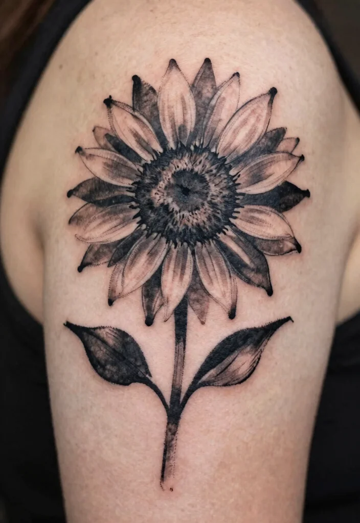 17 Black and Grey Sunflower Tattoo Ideas With Soft Contrast - 5. Abstract Sunflower 1