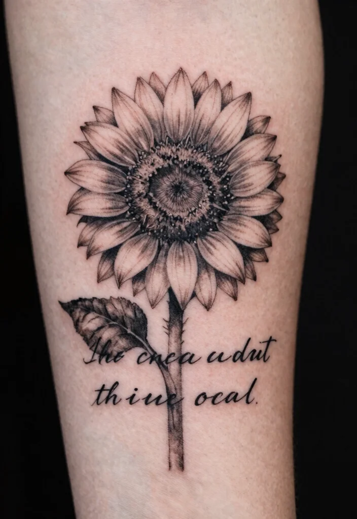 17 Black and Grey Sunflower Tattoo Ideas With Soft Contrast - 6. Sunflower with Quote 1