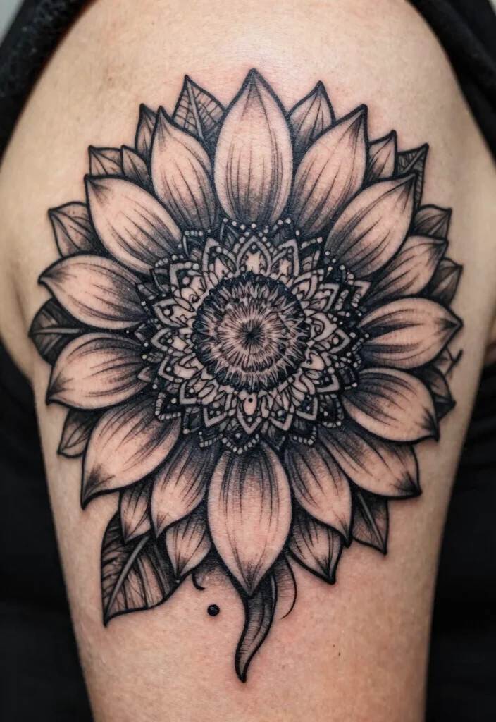 17 Black and Grey Sunflower Tattoo Ideas With Soft Contrast - 7. Sunflower Mandala 1