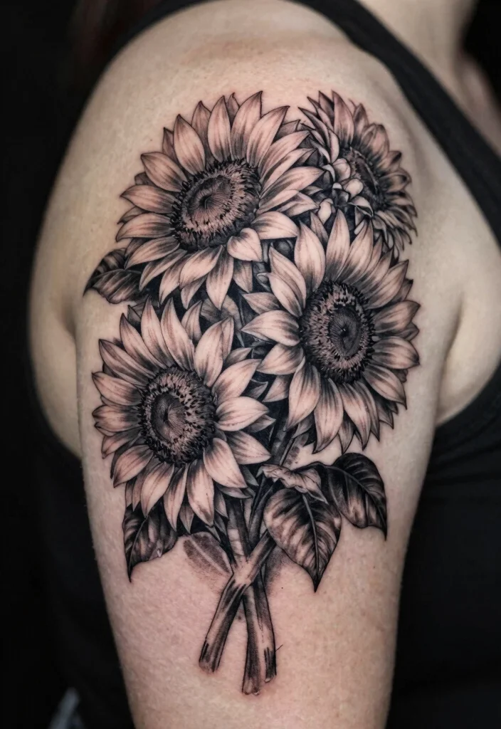 17 Black and Grey Sunflower Tattoo Ideas With Soft Contrast - 8. Sunflower Bouquet 1
