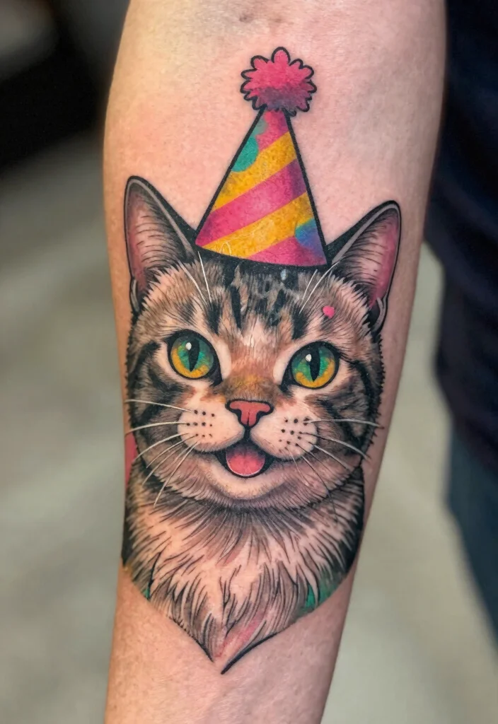 17 Funny Flash Tattoo Ideas With Playful Humor - 1. Cheeky Cat with a Party Hat 1