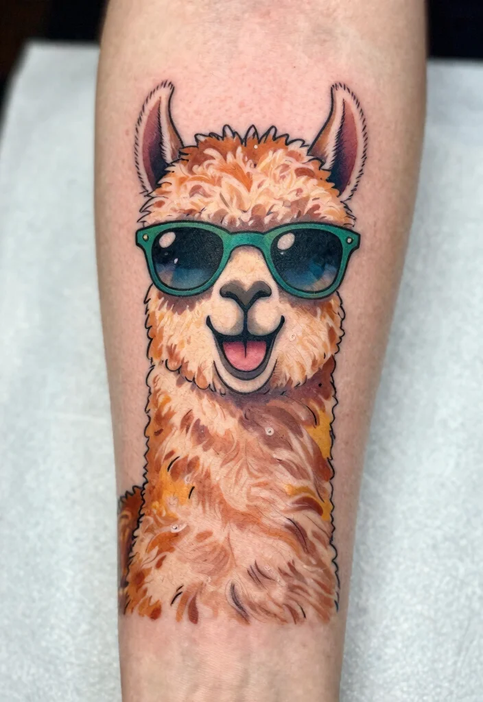 17 Funny Flash Tattoo Ideas With Playful Humor - 10. Laughing Llama in Sunglasses 1
