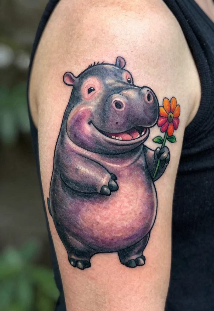 17 Funny Flash Tattoo Ideas With Playful Humor - 11. Happy Hippo with a Flower 1