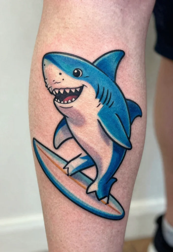17 Funny Flash Tattoo Ideas With Playful Humor - 13. Comic-style Shark with a Surfboard 1