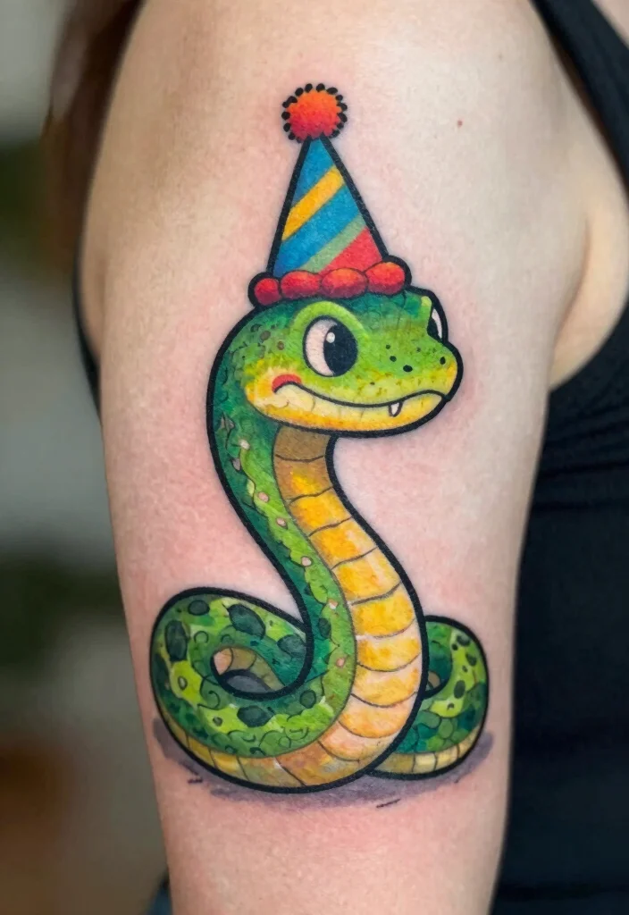 17 Funny Flash Tattoo Ideas With Playful Humor - 14. Silly Snake in a Party Hat 1