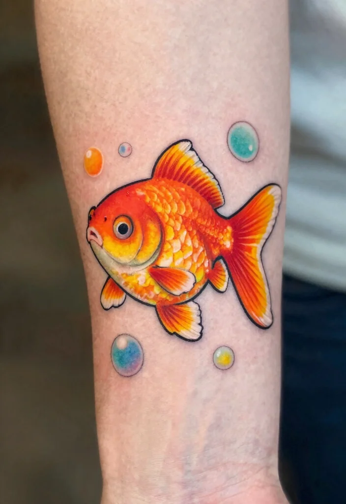 17 Funny Flash Tattoo Ideas With Playful Humor - 17. Grinning Goldfish with Bubbles 1
