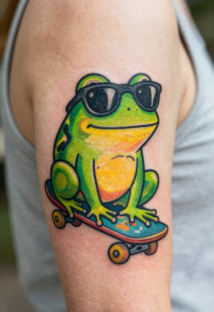 17 Funny Flash Tattoo Ideas With Playful Humor - 2. Funky Frog on a Skateboard 1