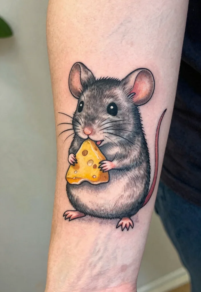 17 Funny Flash Tattoo Ideas With Playful Humor - 5. Mischievous Mouse Eating Cheese 1
