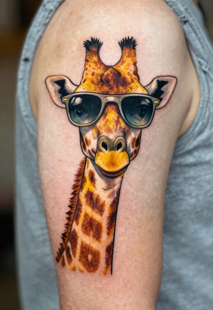 17 Funny Flash Tattoo Ideas With Playful Humor - 6. Goofy Giraffe with Sunglasses 1