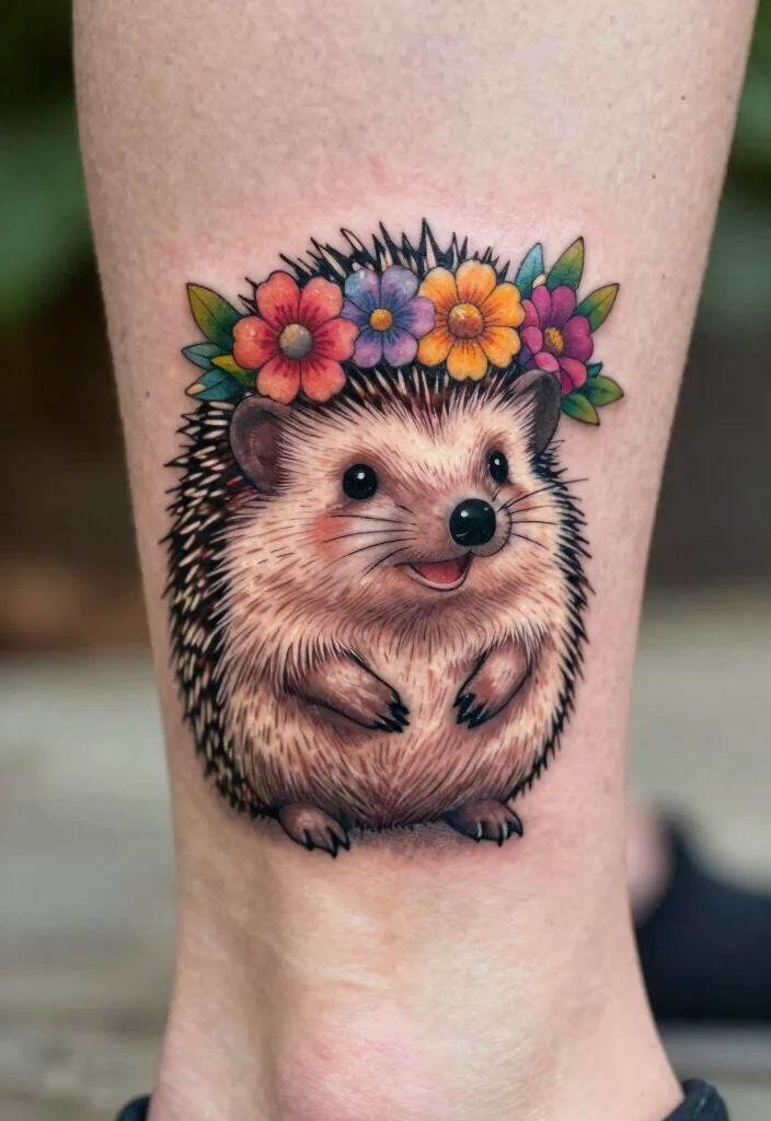 17 Funny Flash Tattoo Ideas With Playful Humor - 7. Happy Hedgehog with a Flower Crown 1
