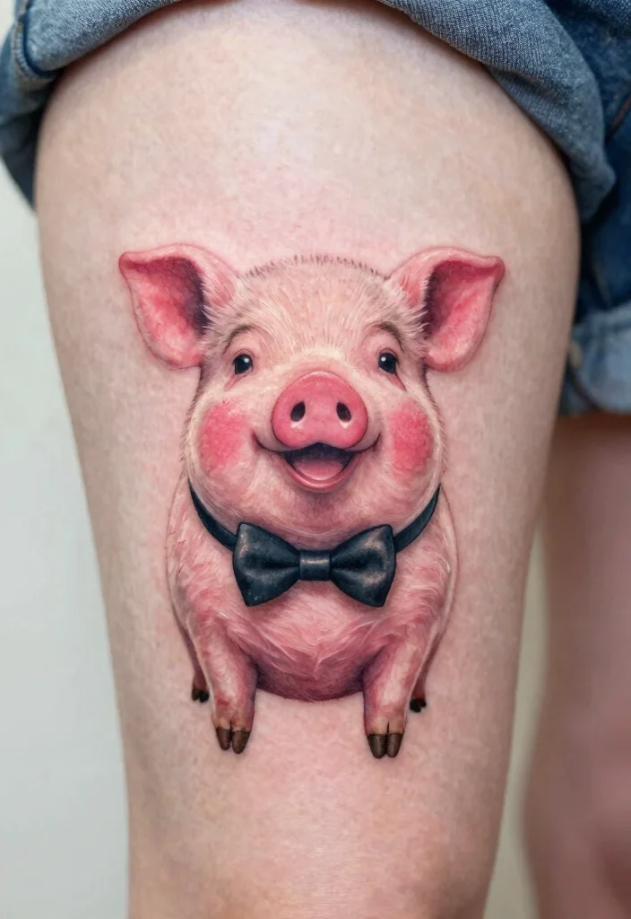 17 Funny Flash Tattoo Ideas With Playful Humor - 9. Playful Pig with a Bow Tie 1