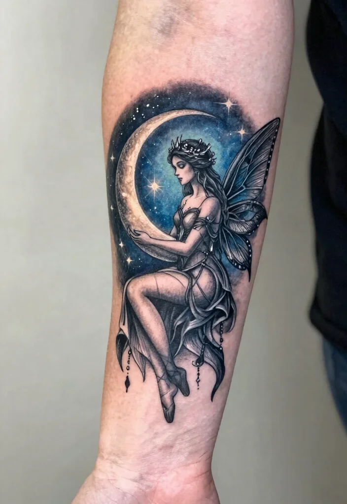 17 Gothic Fairy Tattoo Ideas With Dark Fantasy Vibes - 10. Gothic Fairy with a Moon 1