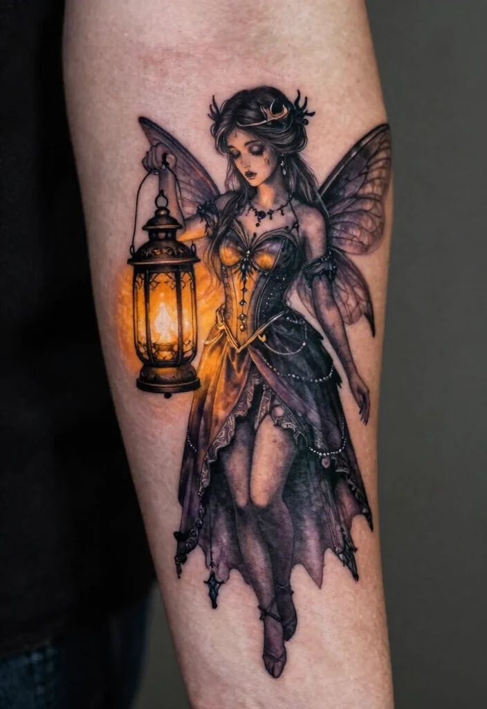 17 Gothic Fairy Tattoo Ideas With Dark Fantasy Vibes - 14. Gothic Fairy with Lantern 1