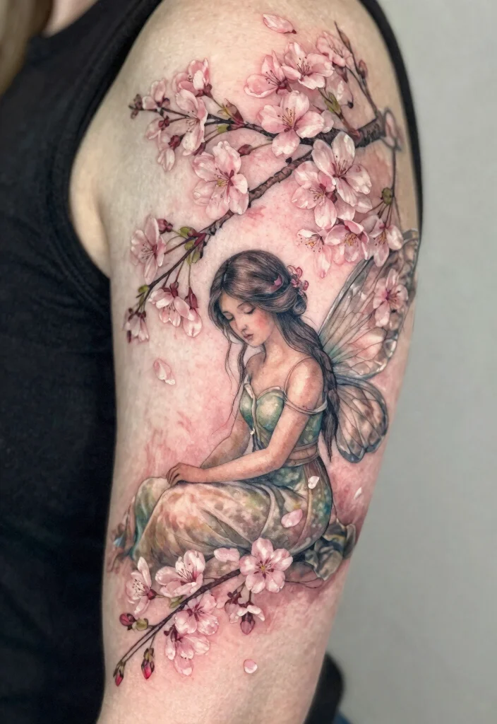 17 Gothic Fairy Tattoo Ideas With Dark Fantasy Vibes - 16. Mystic Fairy Under Blossoms 1