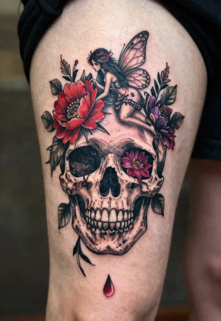 17 Gothic Fairy Tattoo Ideas With Dark Fantasy Vibes - 2. Floral Skull Fairy 1