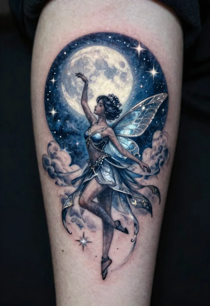 17 Gothic Fairy Tattoo Ideas With Dark Fantasy Vibes - 7. Moonlit Fairy Dance 1