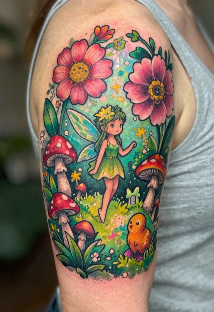 17 Gothic Fairy Tattoo Ideas With Dark Fantasy Vibes - 8. Whimsical Fairy Garden 1