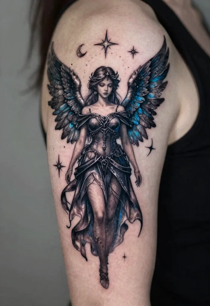 17 Gothic Fairy Tattoo Ideas With Dark Fantasy Vibes - 9. Dark Angelic Fairy 1