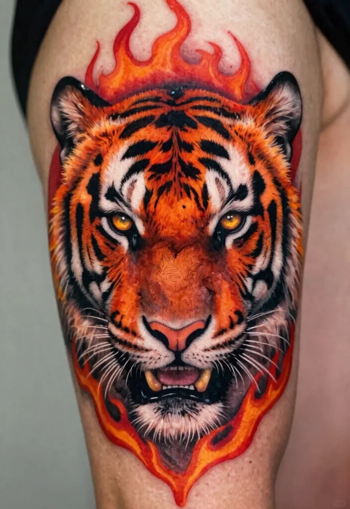17 Half Tiger Face Tattoo Ideas With Bold Contrast - 1. Fierce and Fiery 1