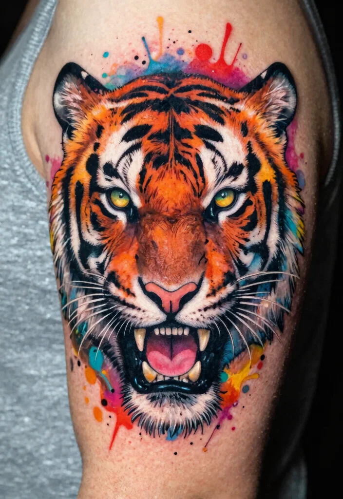 17 Half Tiger Face Tattoo Ideas With Bold Contrast - 10. Color Splash 1
