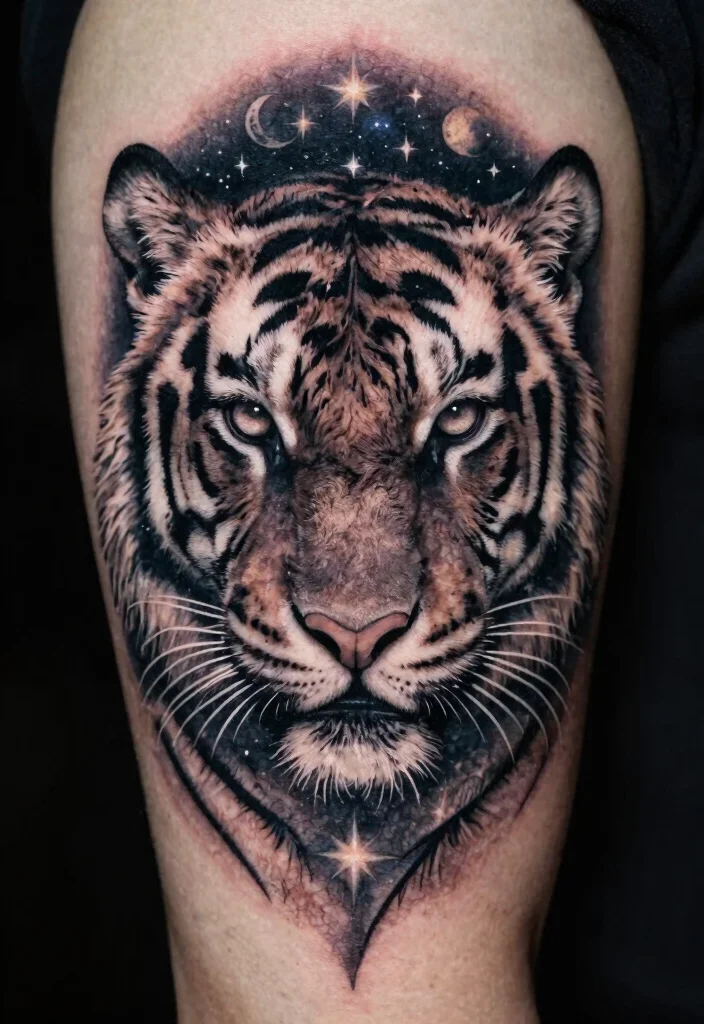 17 Half Tiger Face Tattoo Ideas With Bold Contrast - 11. Celestial Tiger 1