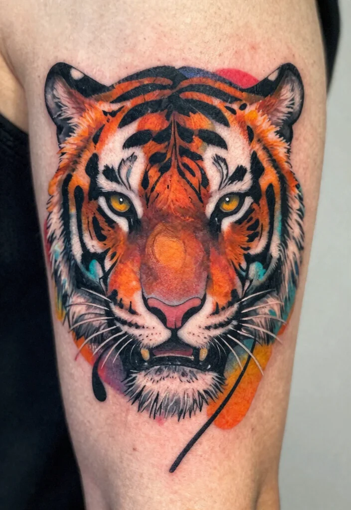 17 Half Tiger Face Tattoo Ideas With Bold Contrast - 12. Artistic Abstract 1