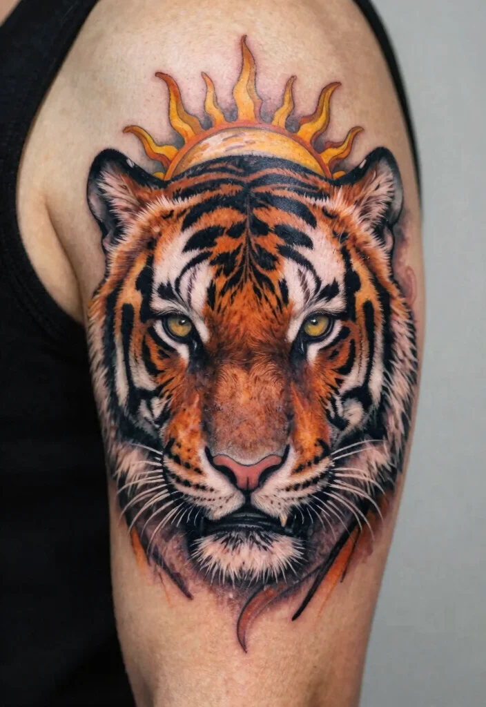 17 Half Tiger Face Tattoo Ideas With Bold Contrast - 15. Sun and Moon Harmony 1