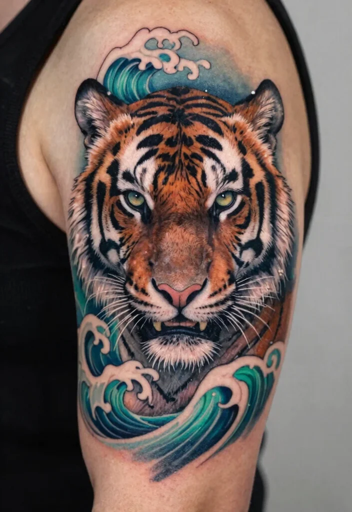 17 Half Tiger Face Tattoo Ideas With Bold Contrast - 17. Ocean Wave Elements 1