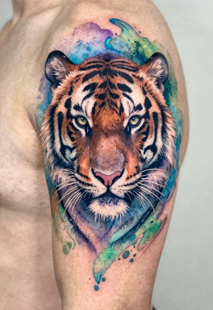 17 Half Tiger Face Tattoo Ideas With Bold Contrast - 2. Mystic Watercolors 1