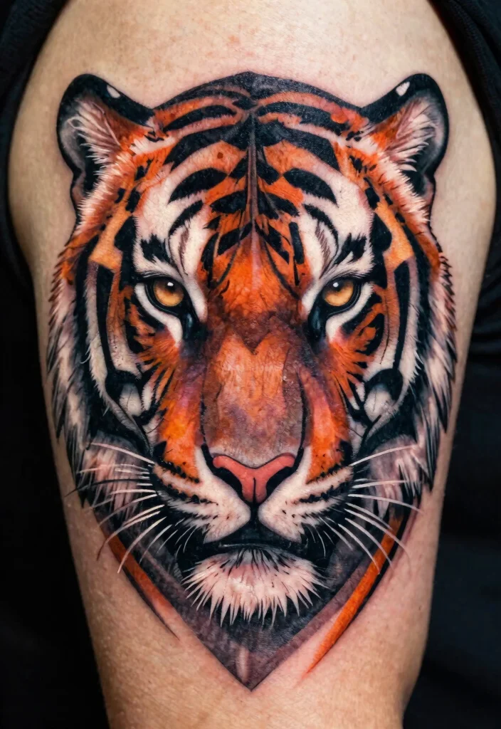 17 Half Tiger Face Tattoo Ideas With Bold Contrast - 3. Geometric Tiger Fusion 1